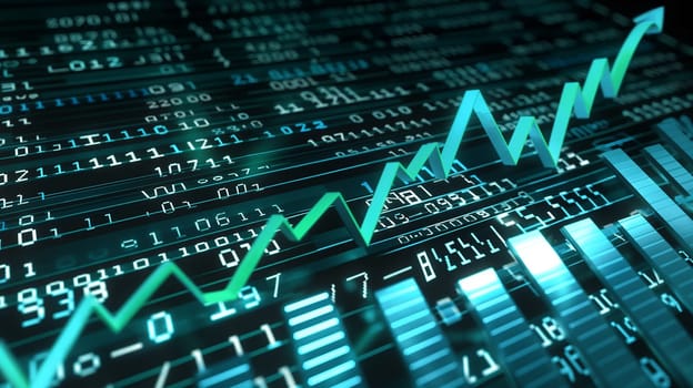 Digital data chart showing stock market trends and growth in the finance sector with analysis.