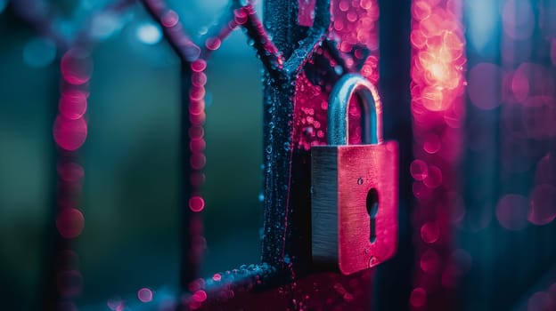 A padlock secured on a gate with raindrops, night bokeh, and wet colorful lighting