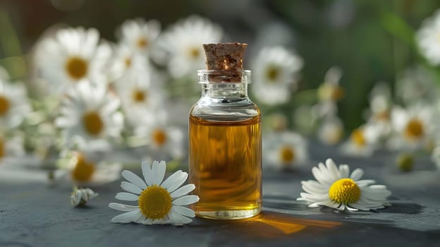 chamomile extract in a small bottle on sacking. selective focus. Generative AI, nature
