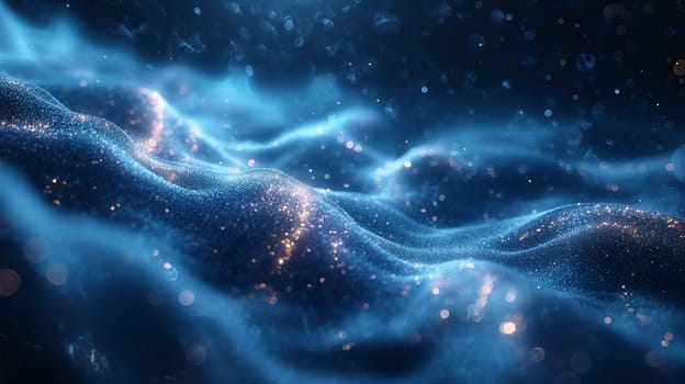 Glowing abstract blue texture with sparkles and lights in fluid waves and digital particles