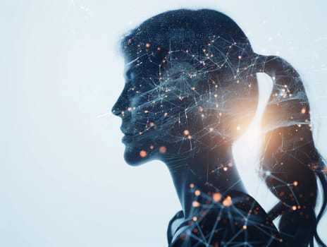 Digital profile of human silhouette with network and data showcasing technology and AI interface