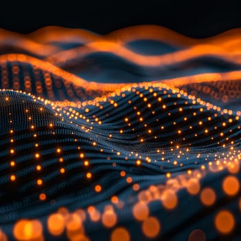 Digital abstract waves with dots in an orange technology visualization with futuristic pattern and cyber light