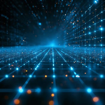 Futuristic glowing network grid in a virtual cyberspace with digital matrix pattern and illumination