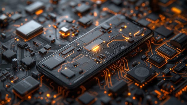 Modern smartphone with circuit board and microchip components in a closeup technology design