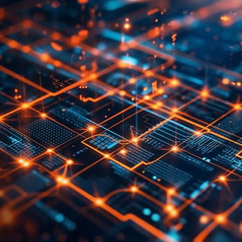 Futuristic technology cyber grid with digital data and lights in an abstract network system