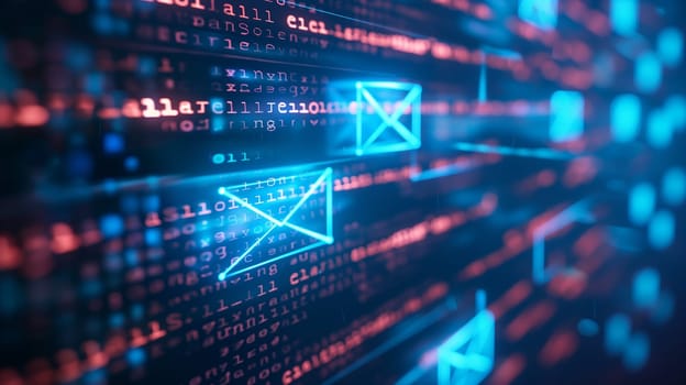 Glowing email digital technology matrix background with data and communication network in blue