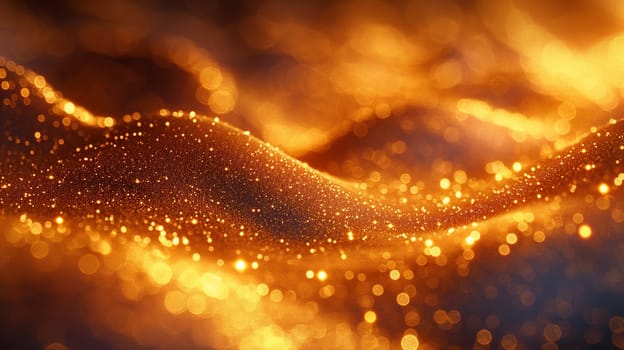 Golden bokeh glitter and shimmer sparkle with light in an abstract wave glow background