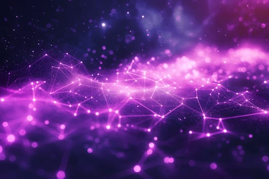 Abstract purple network with glowing light and digital connections in technology cosmic background