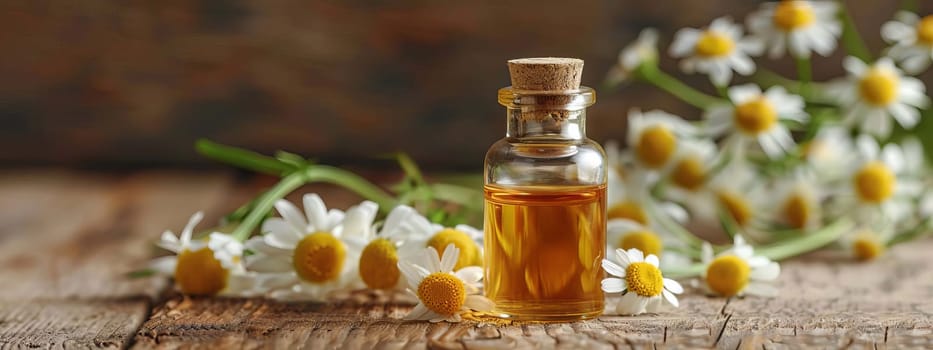 chamomile extract in a small bottle on sacking. selective focus. Generative AI, nature