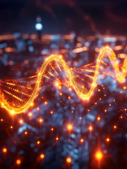 Neon waveform of data and technology illuminated over a vibrant cityscape with motion lights at night