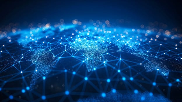 Digital networking technology displaying global connections and data communication in a blue map