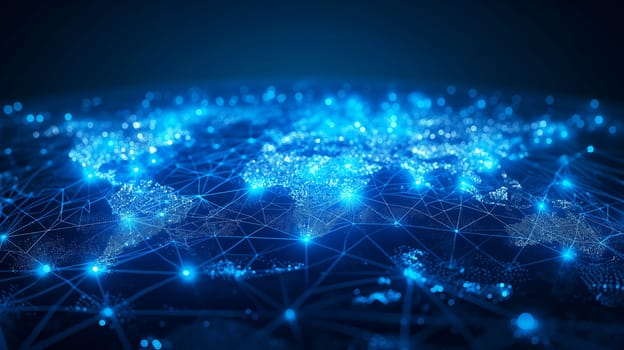 Global digital network technology with blue abstract map and glowing connections on cyberspace