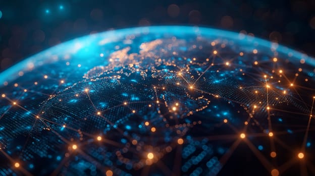 A digital network of the world depicting a globe with lights and technological connections around earth