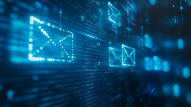 Emails and binary technology show data and digital security interface networks
