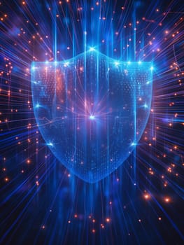 Cybersecurity shield with digital protection and data security defense through advanced technology.