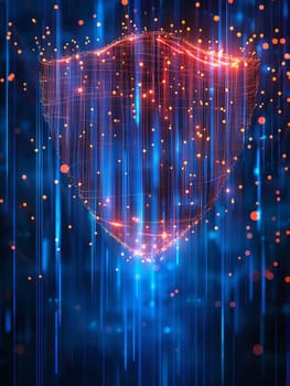 Digital shield representing cybersecurity protection with glowing data and network matrix design