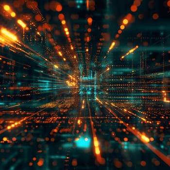 Futuristic visualization of glowing data network in cyberspace with neon lights and technology abstraction