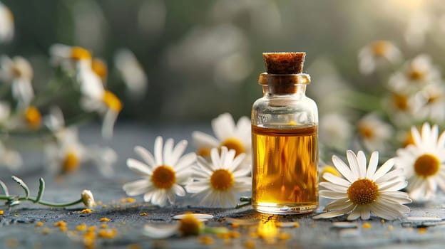 chamomile extract in a small bottle on sacking. selective focus. Generative AI, nature