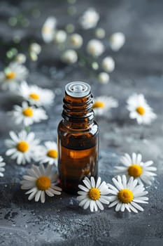 chamomile extract in a small bottle on sacking. selective focus. Generative AI, nature