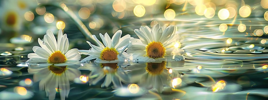 Chamomile flowers on the surface of water in drops, flowers Generative AI,
