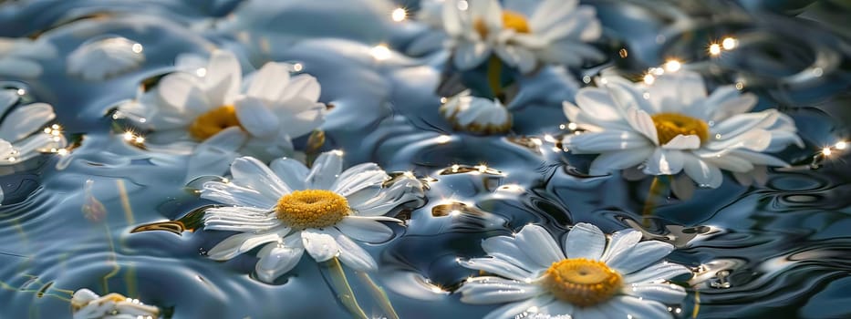 Chamomile flowers on the surface of water in drops, flowers Generative AI,