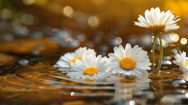 Chamomile flowers on the surface of water in drops, flowers Generative AI,
