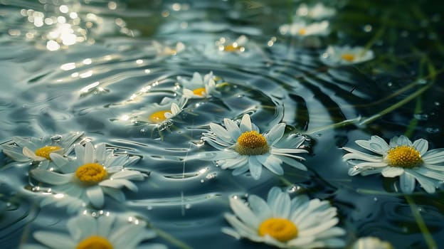 Chamomile flowers on the surface of water in drops, flowers Generative AI,
