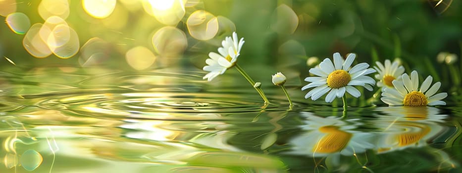 Chamomile flowers on the surface of water in drops, flowers Generative AI,