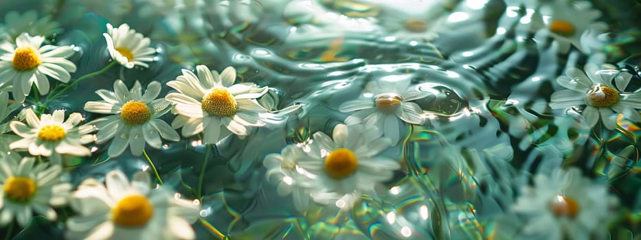 Chamomile flowers on the surface of water in drops, flowers Generative AI,