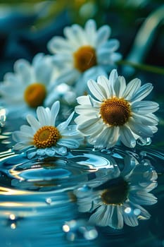 Chamomile flowers on the surface of water in drops, flowers Generative AI,