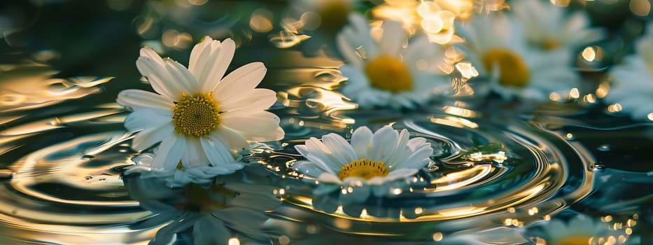 Chamomile flowers on the surface of water in drops, flowers Generative AI,