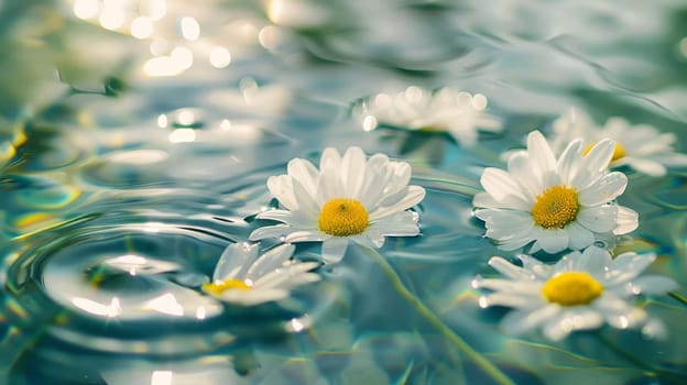 Chamomile flowers on the surface of water in drops, flowers Generative AI,