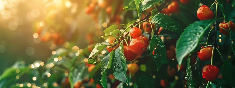 Branch of ripe cherries on a tree in a garden selective focus, Generative AI,