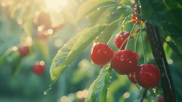 Branch of ripe cherries on a tree in a garden selective focus, Generative AI,