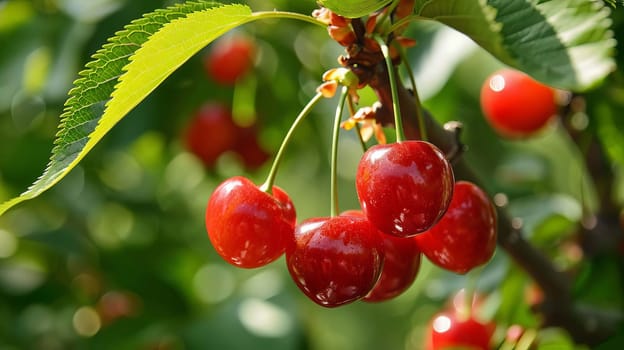 Branch of ripe cherries on a tree in a garden selective focus, Generative AI,