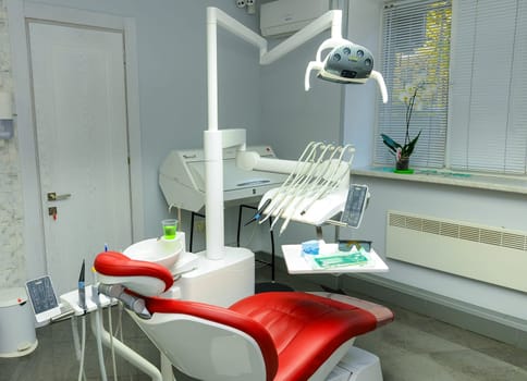 ODESSA, UKRAINE- NOVEMBER 01, 2017: modern dental chair, dentist's workplace, Odessa