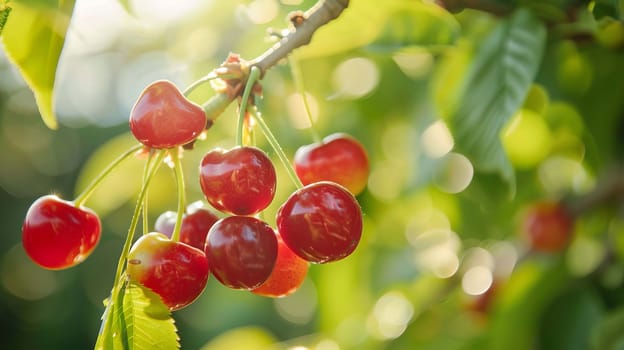Branch of ripe cherries on a tree in a garden selective focus, Generative AI,