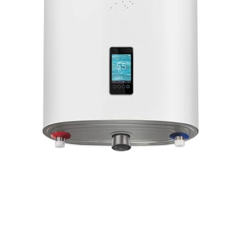 Close-up household smart water heater hanging on the wall in boiler room. Modern tanked boiler in bathroom. Common electric storage tank water heater. Energy-efficient home heating system on white