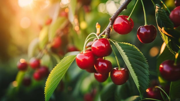 Branch of ripe cherries on a tree in a garden selective focus, Generative AI,