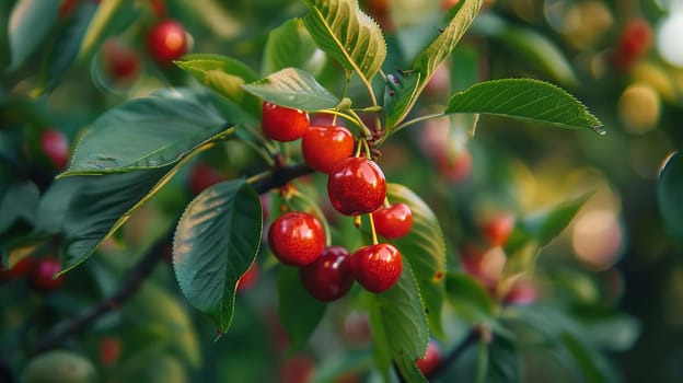 Branch of ripe cherries on a tree in a garden selective focus, Generative AI,