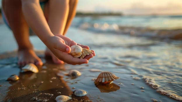 Close-up of child's hands holding collected seashells over sea. people Selective focus