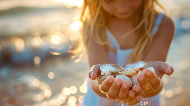 Close-up of child's hands holding collected seashells over sea. people Selective focus