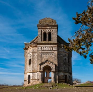 KRASNOPILLIA, Mykolaiv district, UKRAINE - MART 17, 2018: Abandoned Catholic Church of St. George in the village of Krasnopole, Mykolaiv region, Ukraine