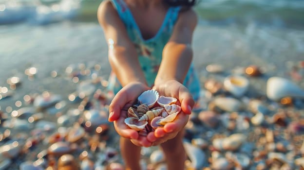 Close-up of child's hands holding collected seashells over sea. people Selective focus