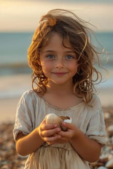 Close-up of child's hands holding collected seashells over sea. people Selective focus