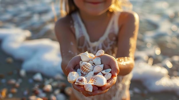 Close-up of child's hands holding collected seashells over sea. people Selective focus