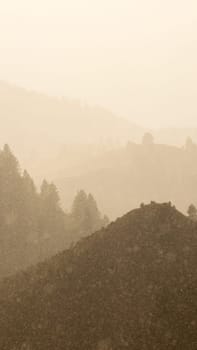 vertical shot of fog covered mountains during a spring storm