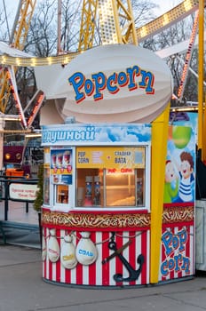 UKRAINE, ODESSA - DECEMBER 25, 2018: small popcorn shop in Shevchenko park, Odessa
