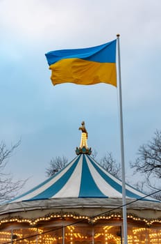 UKRAINE, ODESSA - DECEMBER 25, 2018: flag of Ukraine ON THE BACKGROUND OF THE BLUE SKY, Odessa