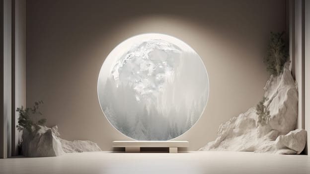 Interior with circular architecture form in 3D style. Abstract room with arc element and trees. Generated AI